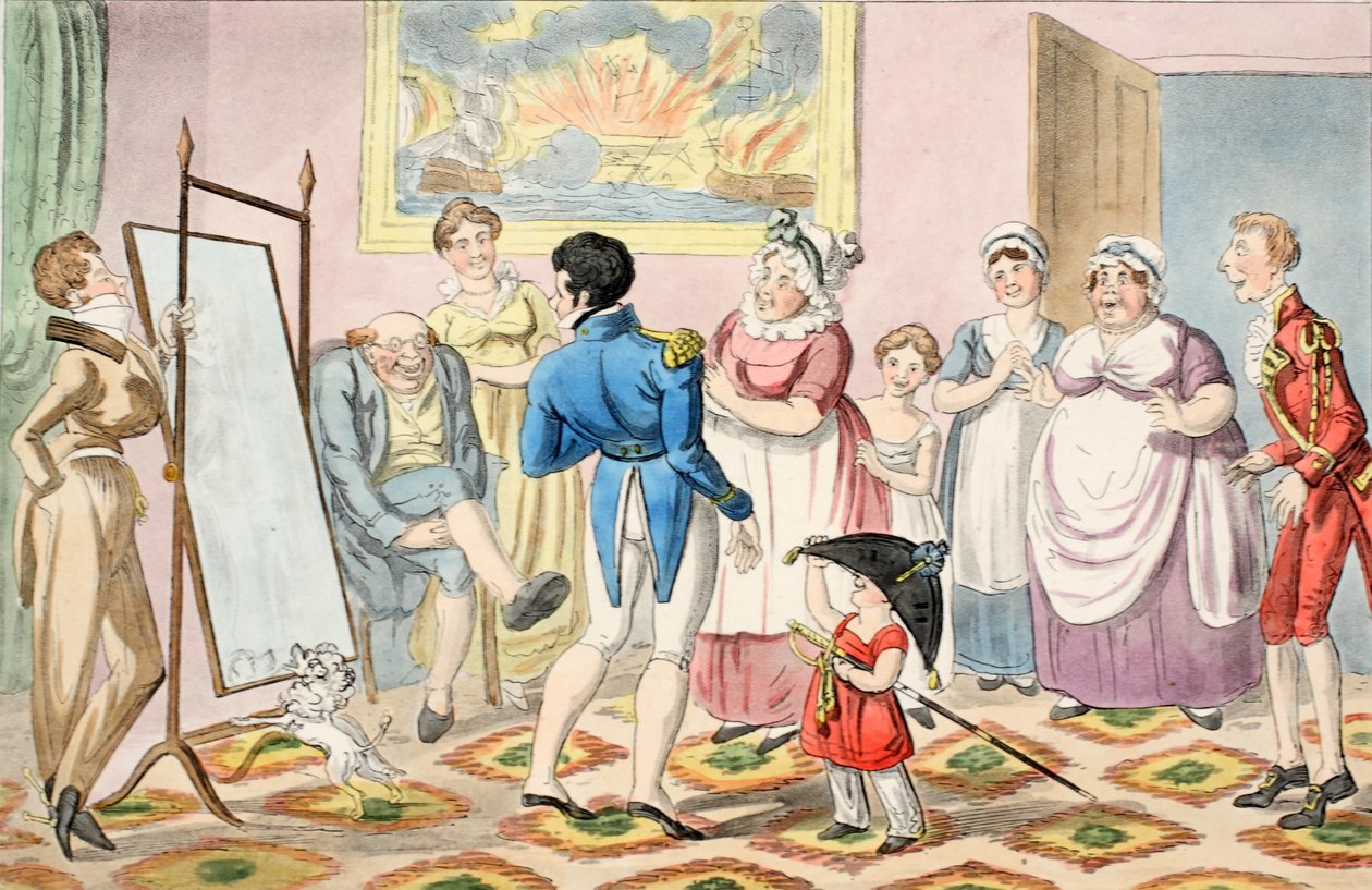 B先生晋升为中尉，并首先穿上他的制服，来自Theship of a Midshipman，pub。 1835年（手工彩色雕刻） 作者 乔治·克鲁克申克