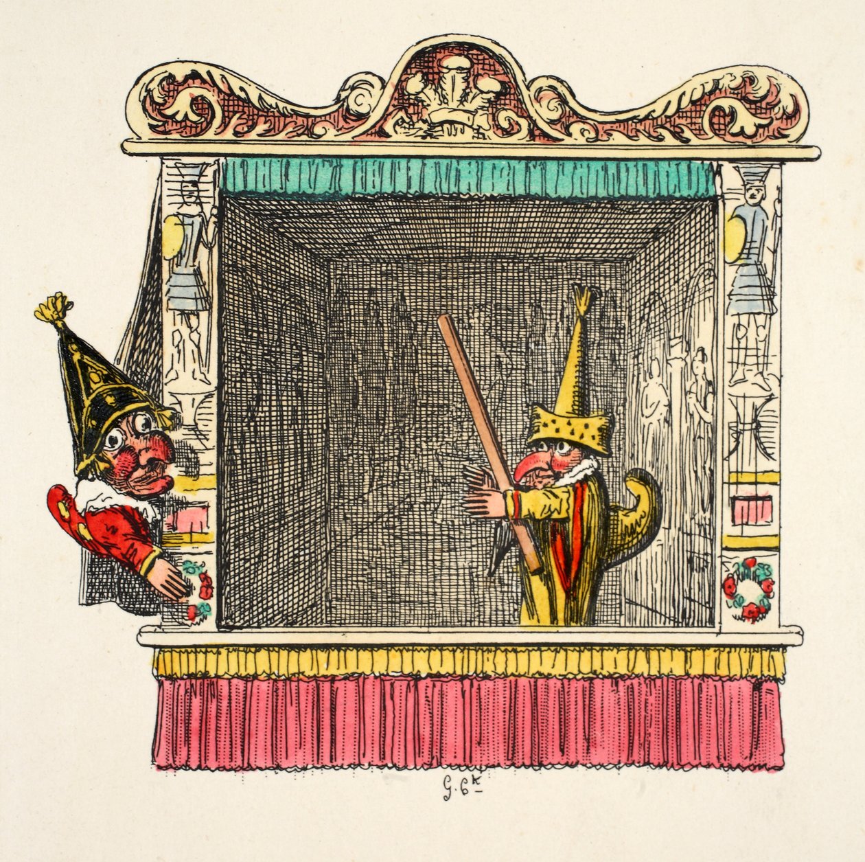 来自&39;Punch and Judy&39;，酒吧的Punch和Scaramouch。 1827年（手工彩色雕刻） 作者 乔治·克鲁克申克