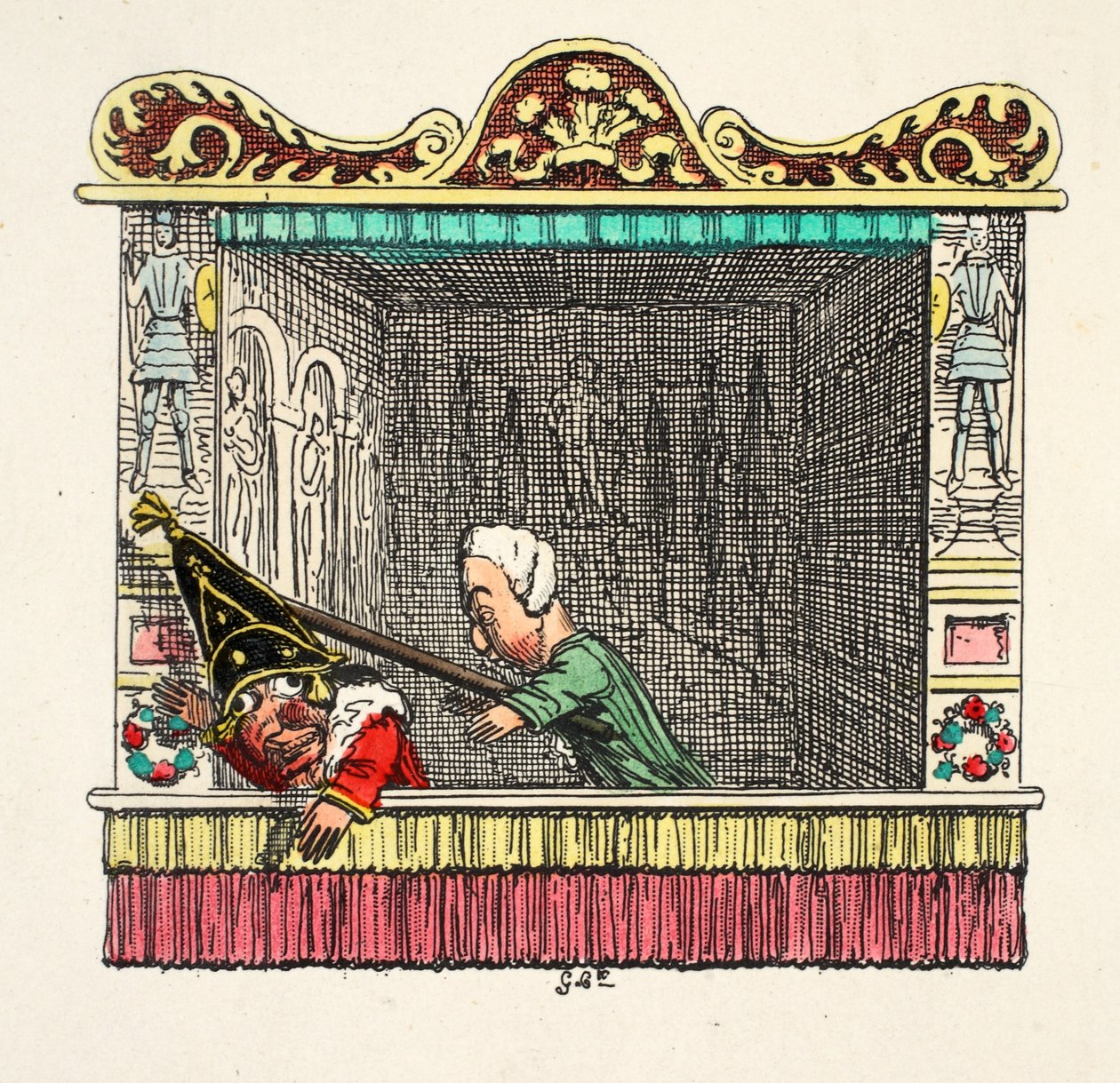 酒吧从&39;Punch and Judy&39;，酒吧后面打了一拳。 1827年（手工彩色雕刻） 作者 乔治·克鲁克申克