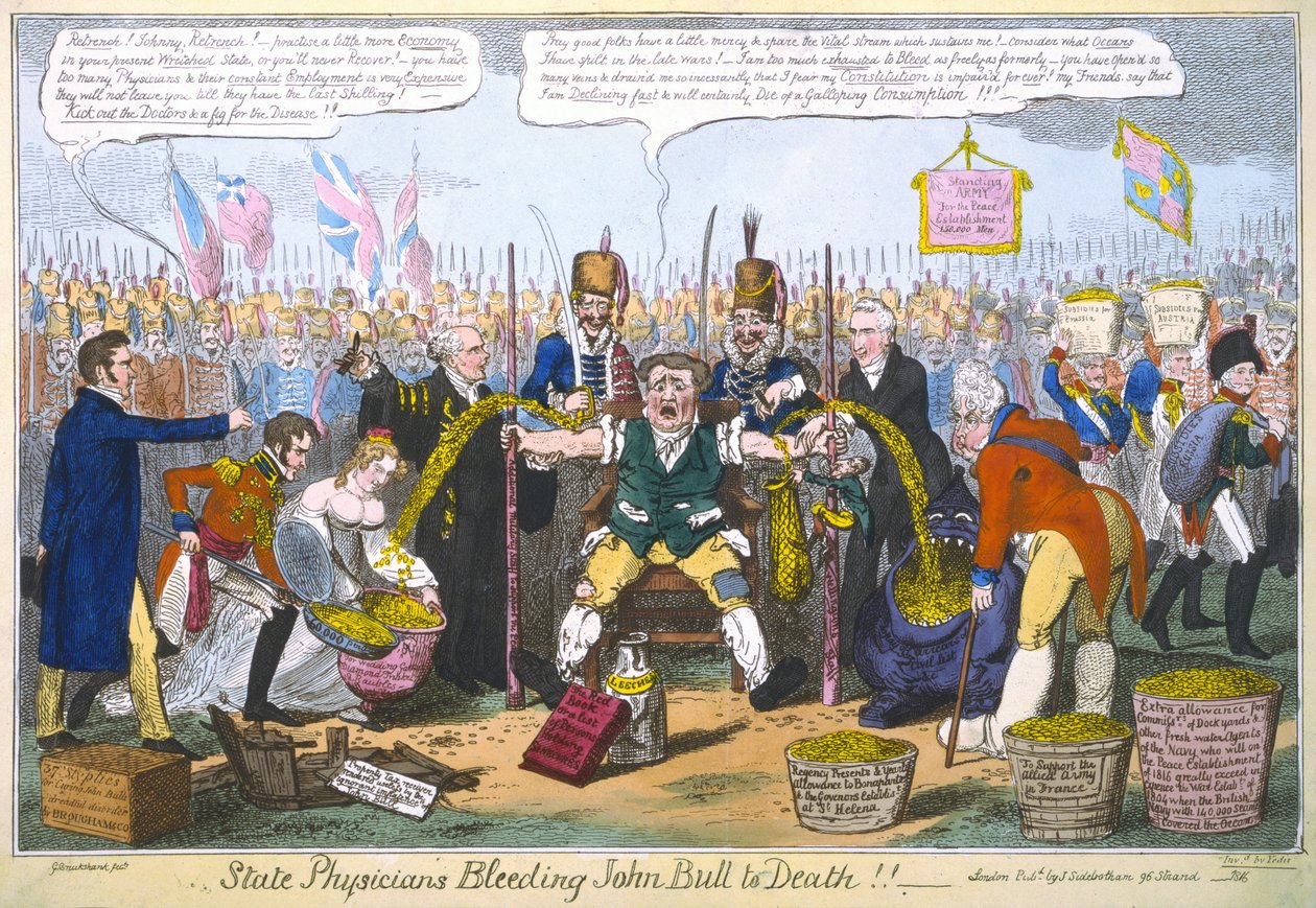 国家医生出血约翰·布尔死亡!!，1816年（手工彩色雕刻） 作者 乔治·克鲁克申克