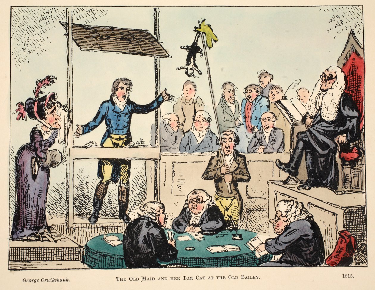 老女仆和她的汤姆猫在Old Bailey，酒吧。 1815年（手工彩色雕刻） 作者 乔治·克鲁克申克