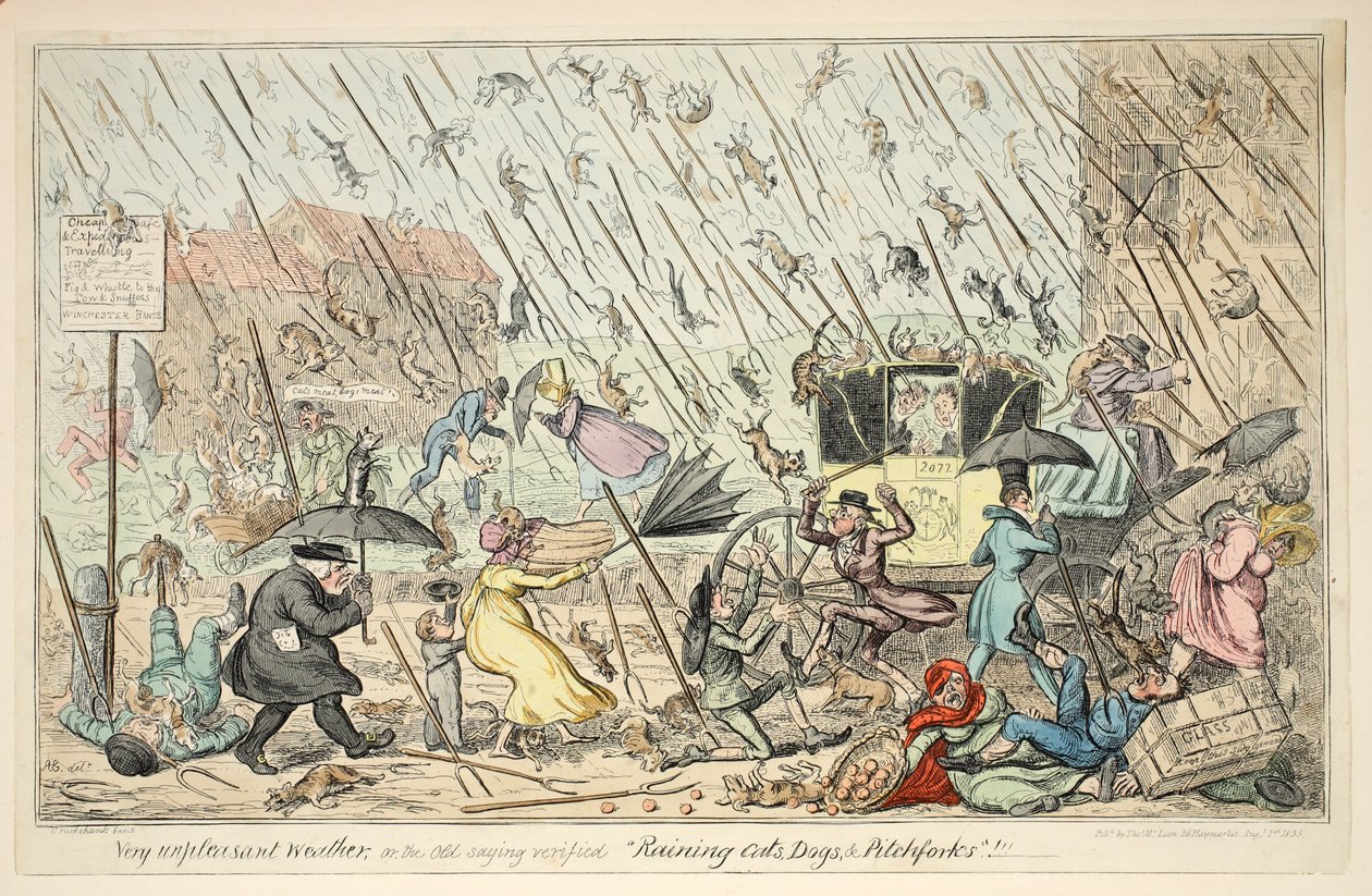 非常不愉快的天气或Old Saying验证了&39;Raining Cats，Dogs and Pitchforks&39;，由Thomas McLean出版，26 Haymarket，1835年8月1日（手工彩色雕刻） 作者 乔治·克鲁克申克