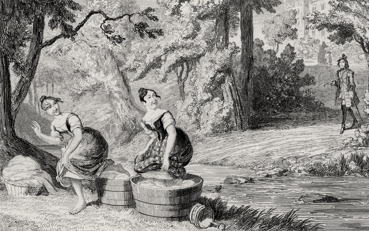 Washerwomen被Waverley打扰，来自Walter Scott爵士（1771-1832）的&39;Waverley&39;的插图于1842年出版 作者 乔治·克鲁克申克