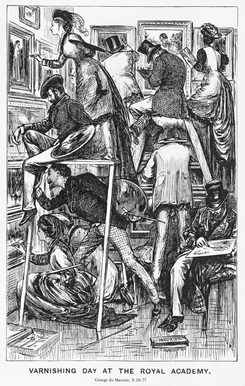皇家学院的上漆日，1877年6月19日的“冲床”插图 作者 乔治·杜莫里耶