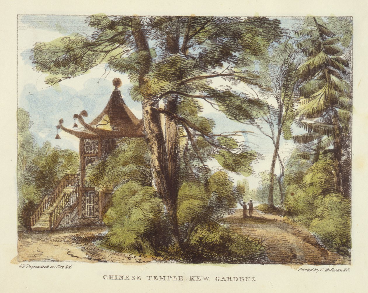 中国寺庙，Kew花园，来自&39;Kew Gardens的13块板块：石头上的二十四幅图画&39;，由Charles Hullmandel（1789-1850）雕刻，1820年出版（手工彩色版画） 作者 乔治·欧内斯特·帕彭迪克