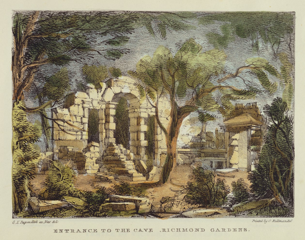 进入洞穴，里士满花园，18号板块，来自&39;Kew Gardens：一系列二十四幅石碑图画&39;，由查尔斯·赫尔曼德尔（1789-1850）雕刻，1820年出版（手工彩色版画） 作者 乔治·欧内斯特·帕彭迪克