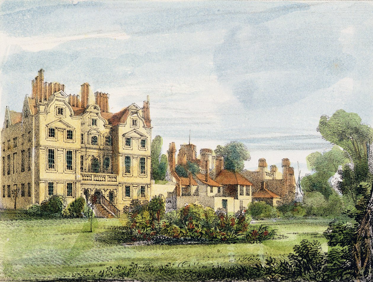 North Front，Old Palace，来自女王花园，5号楼上的&39;Kew Gardens：一系列二十四幅石碑画&39;，由查尔斯·赫尔曼德尔（1789-1850）刻，1820年出版（手工彩色版画） 作者 乔治·欧内斯特·帕彭迪克