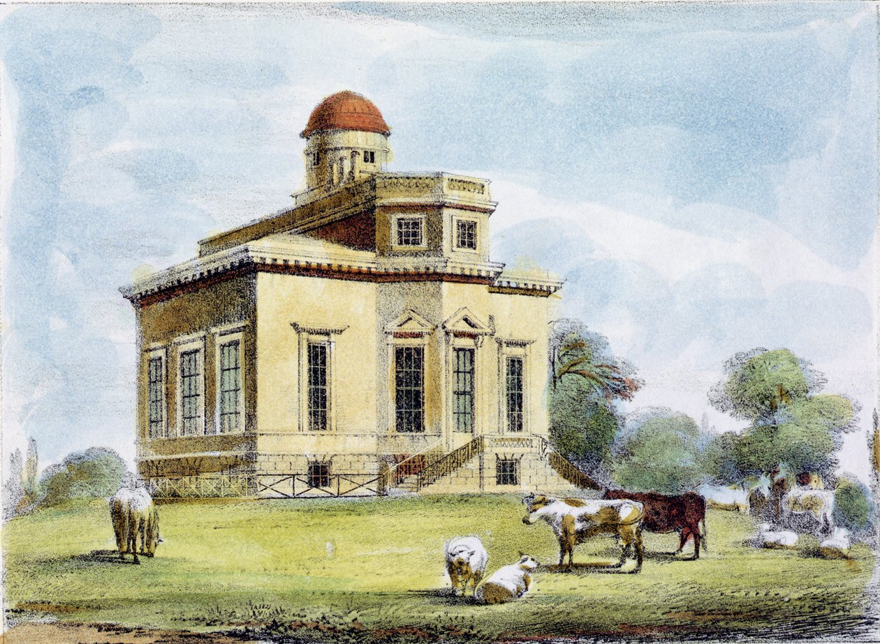 天文台，里士满花园，14号楼“Kew Gardens：一系列二十四幅石碑画”，由查尔斯·赫尔曼德尔（1789-1850）刻，1820年出版（手工彩色版画） 作者 乔治·欧内斯特·帕彭迪克
