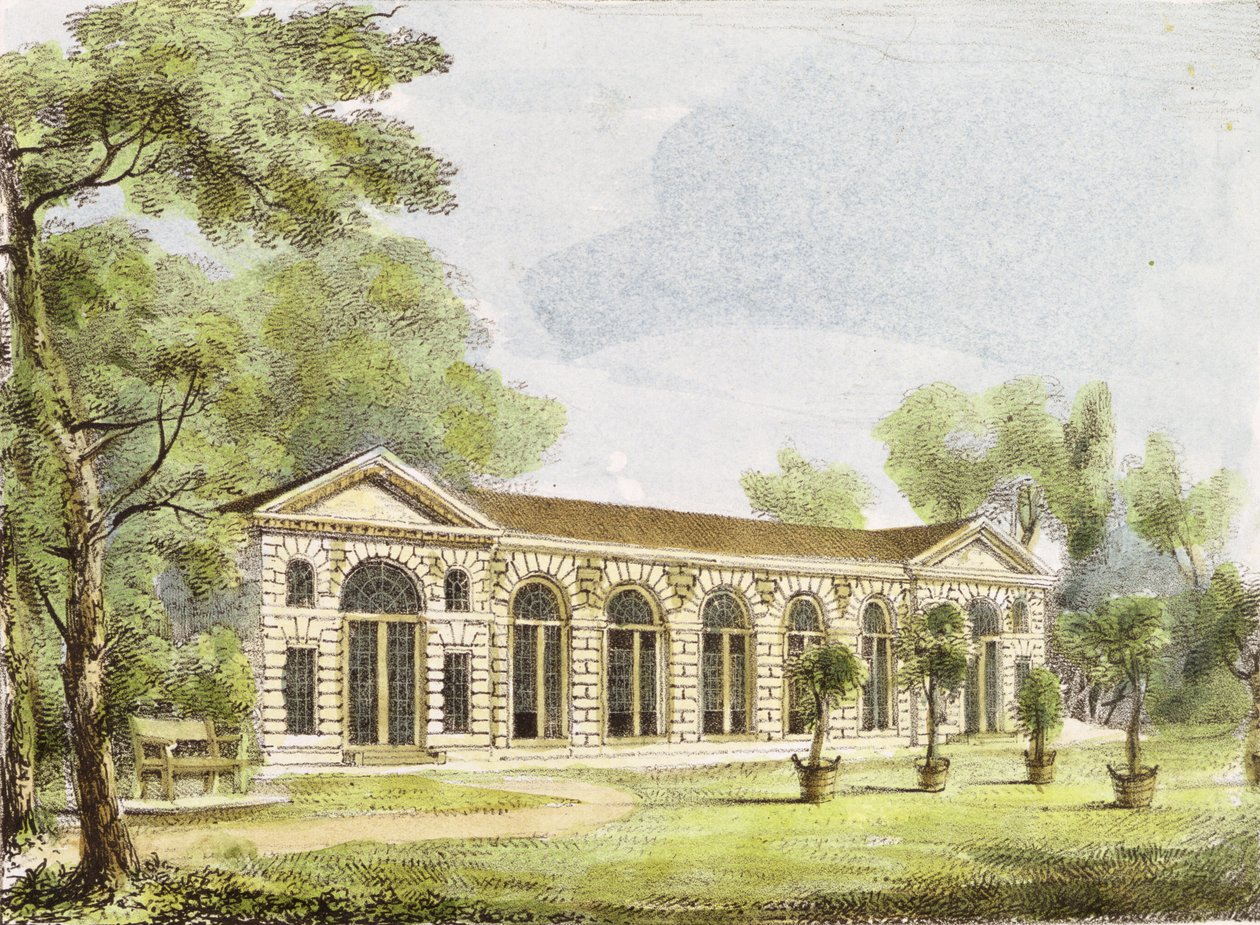Orangery，Kew Gardens，来自&39;Kew Gardens的11块板块：石头上的二十四幅图纸&39;，由Charles Hullmandel（1789-1850）刻，1820年出版（手工彩色版画） 作者 乔治·欧内斯特·帕彭迪克