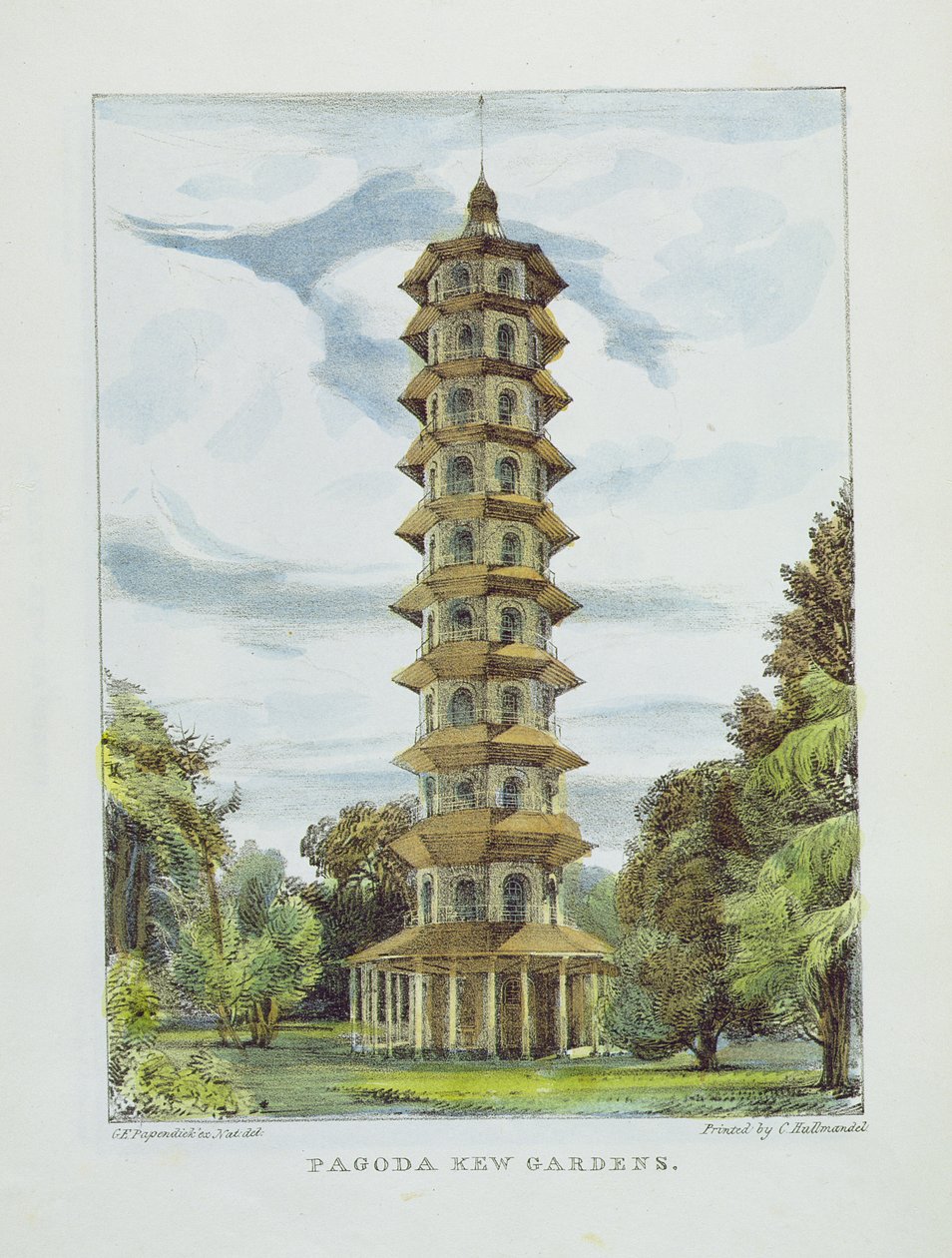 宝塔，Kew Gardens，来自&39;Kew Gardens的第9块板块：一系列二十四块石头图画&39;，由Charles Hullmandel（1789-1850）刻，1820年出版（手工彩色版画） 作者 乔治·欧内斯特·帕彭迪克