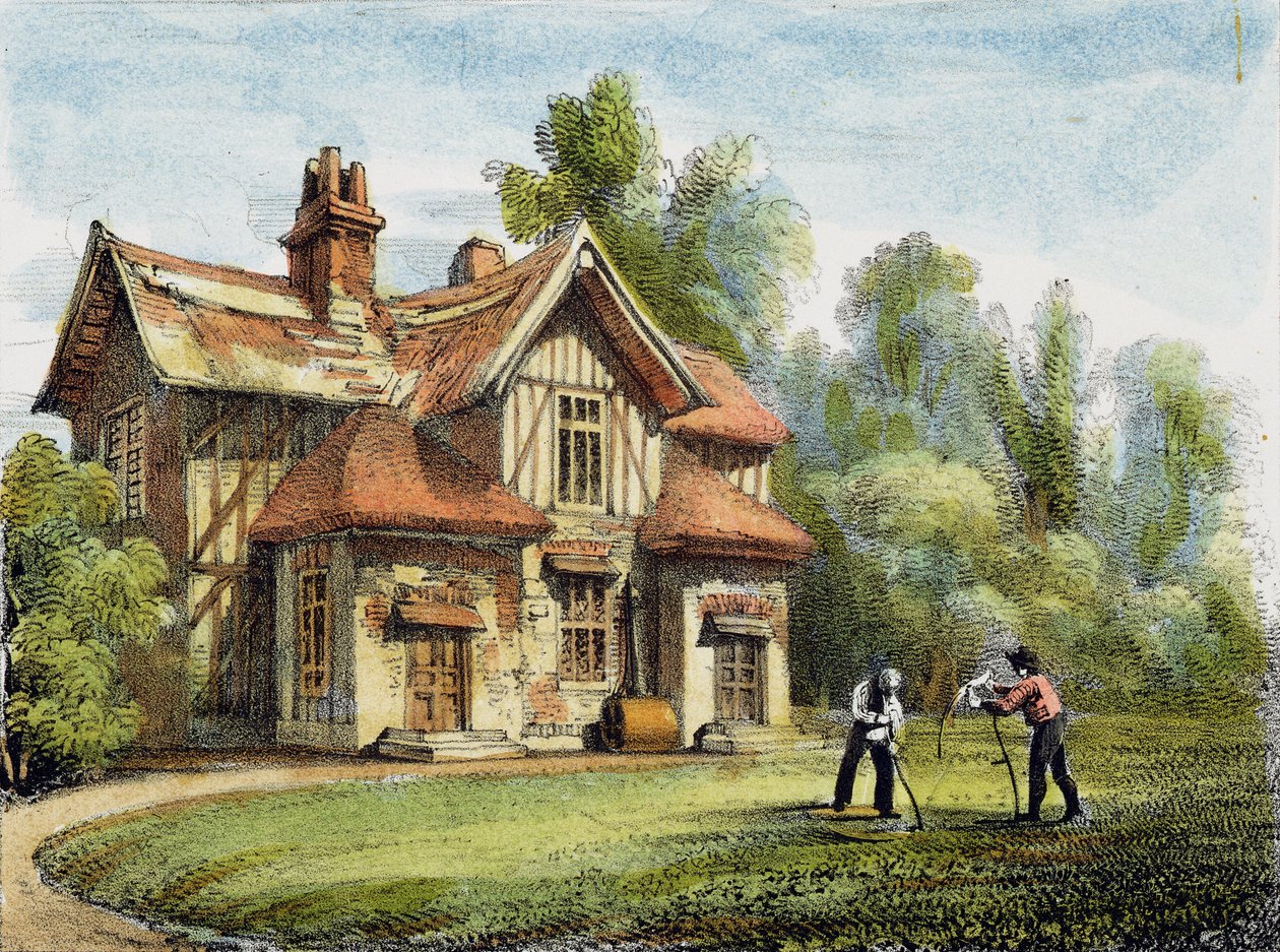 女王小屋，里士满花园，17号板块，来自&39;Kew Gardens：一系列二十四幅石碑图画&39;，由Charles Hullmandel（1789-1850）雕刻，1820年出版（手工彩色版画） 作者 乔治·欧内斯特·帕彭迪克