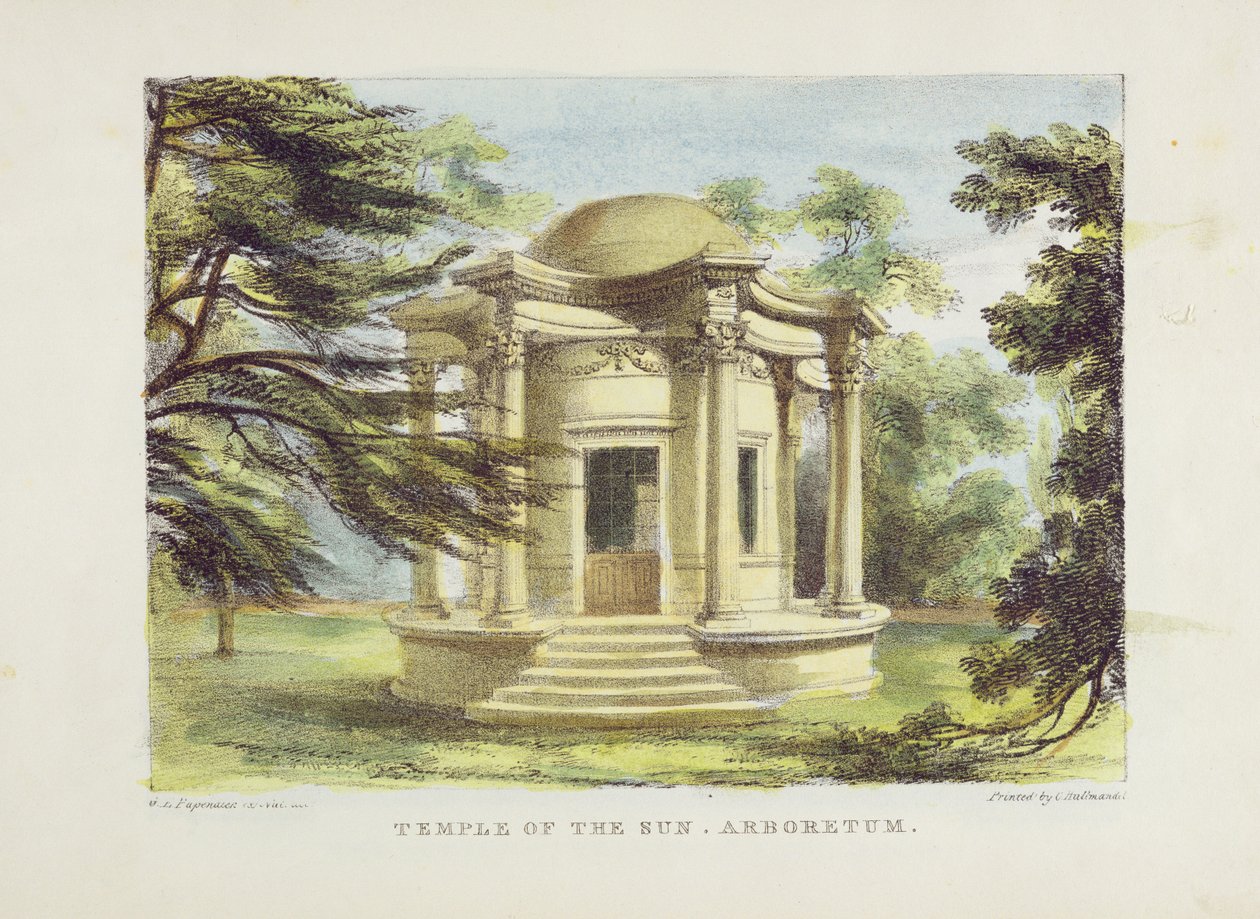 胜利神庙，Kew花园，19世纪的“Kew Gardens：一系列二十四幅石头画”，由查尔斯·赫尔曼德尔（1789-1850）镌刻，1820年出版（手工彩色版画） 作者 乔治·欧内斯特·帕彭迪克