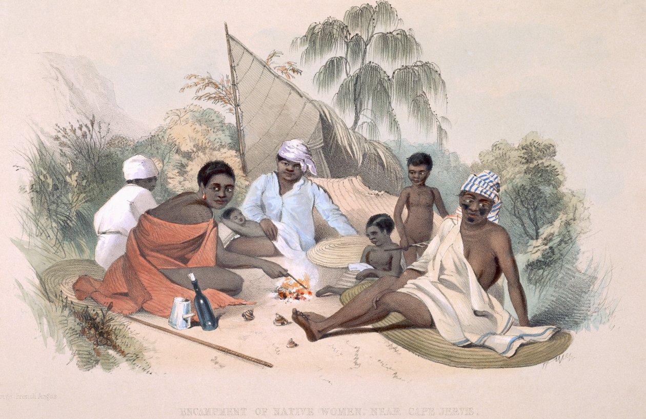 土着居民：1847年出版的“南澳大利亚画报”（Cape Australia）附近的杰维斯角（Cape Jervis）附近的土着妇女营地（手工彩色雕刻） 作者 乔治·法国·安加斯