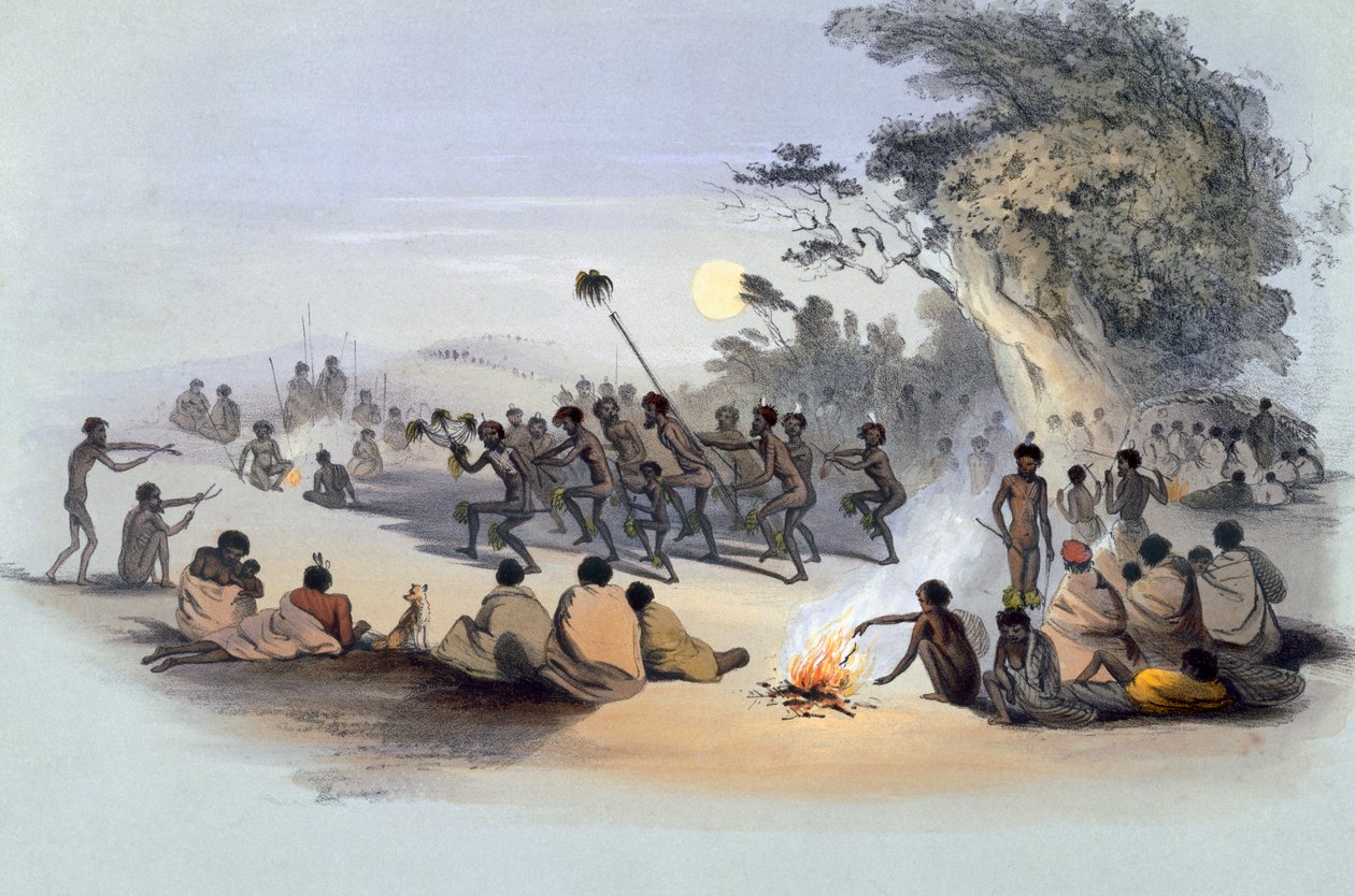 土着居民：来自“南澳大利亚画报”的库里舞，于1847年出版（手工彩色雕刻） 作者 乔治·法国·安加斯