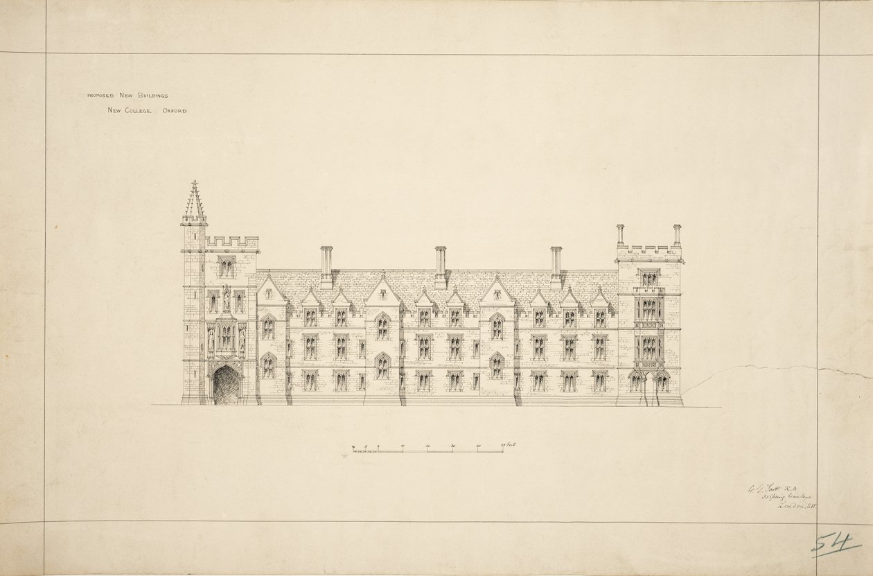 牛津大学新学院：建议的新建筑，1870-79（纸上墨水） 作者 乔治·吉尔伯特·斯科特