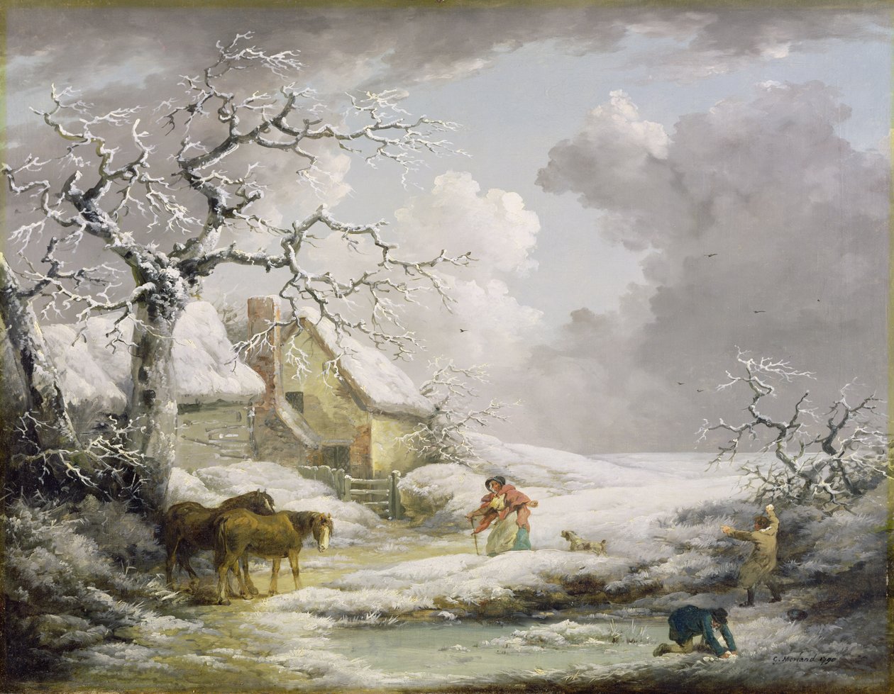 冬天风景与人滚雪球一个老妇人，1790年 作者 乔治·莫兰德