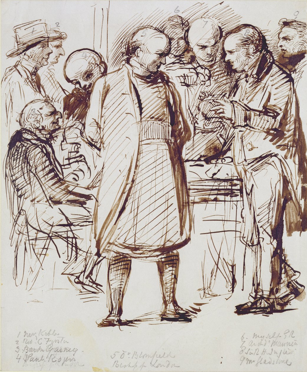 一群教士和政治家，包括John Keble（1792-1866）和William Gladstone（1809-98）与富勒姆宫的伦敦主教（笔，棕色墨水和树桩）交谈 作者 乔治·里士满