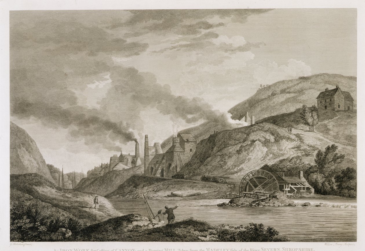 从Shropshire的Severn河的Madeley一侧采取的铸铁炮和铸造厂的铁工作，由Wilson Lowry（1762-1824）1788年雕刻 作者 乔治·爱德华·罗伯逊