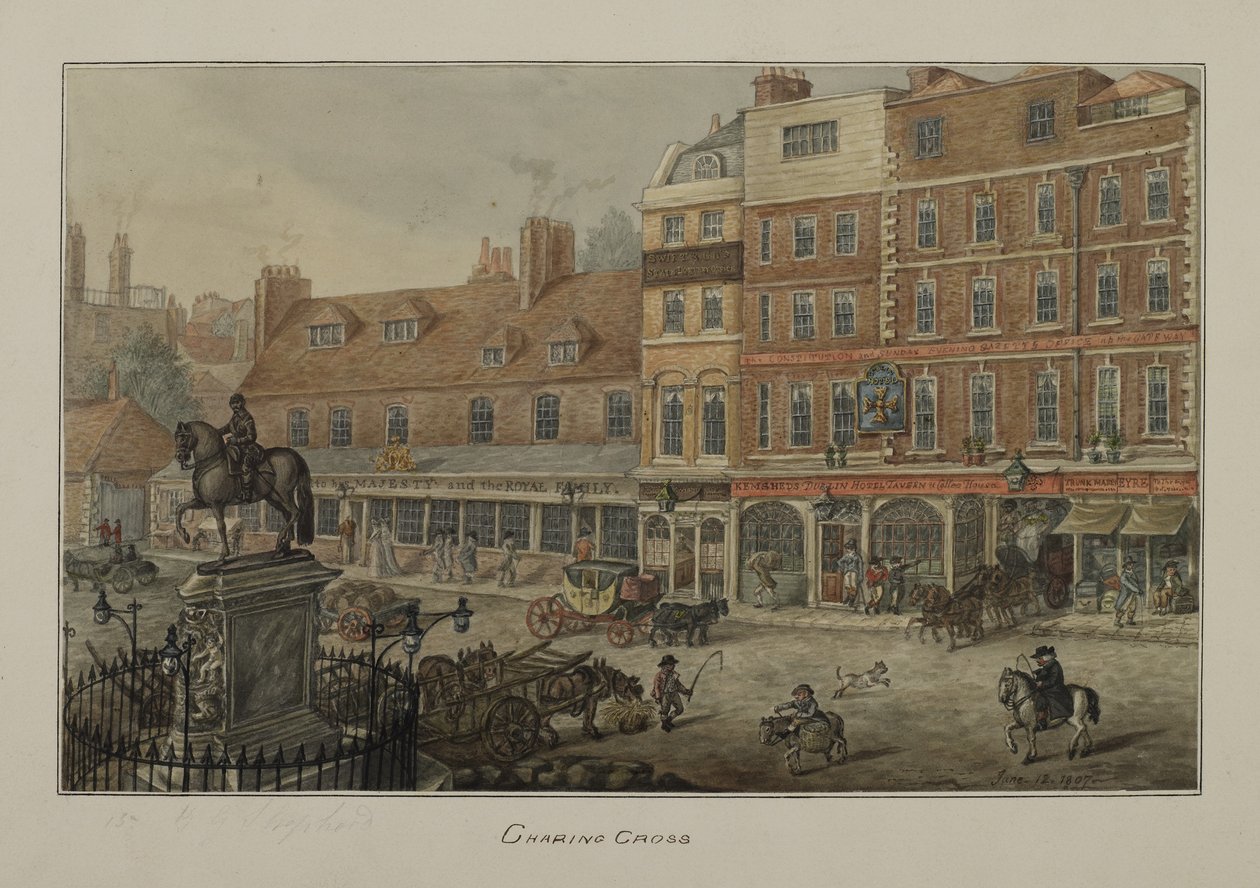 Charing Cross的视图显示马车，数字和都柏林酒店酒馆和咖啡馆，1807（纸上的wc） 作者 乔治·谢泼德