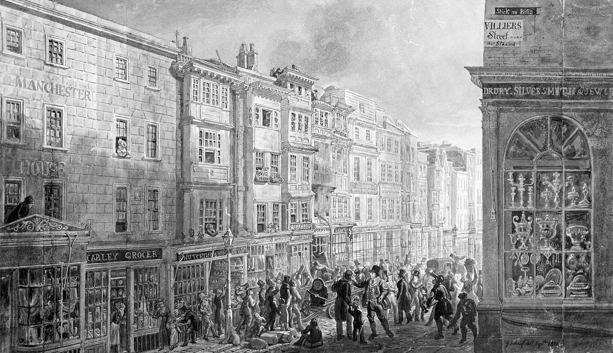 1824年Villiers街拐角处的Strand（纸上写着） 作者 乔治·斯尼·夏普