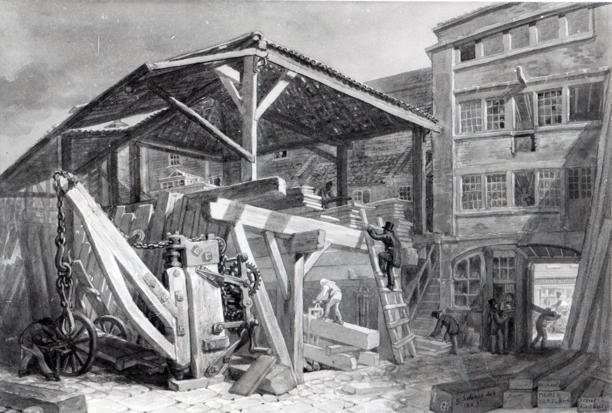 Timber Yard，芬斯伯里，1825年 作者 乔治·斯尼·夏普