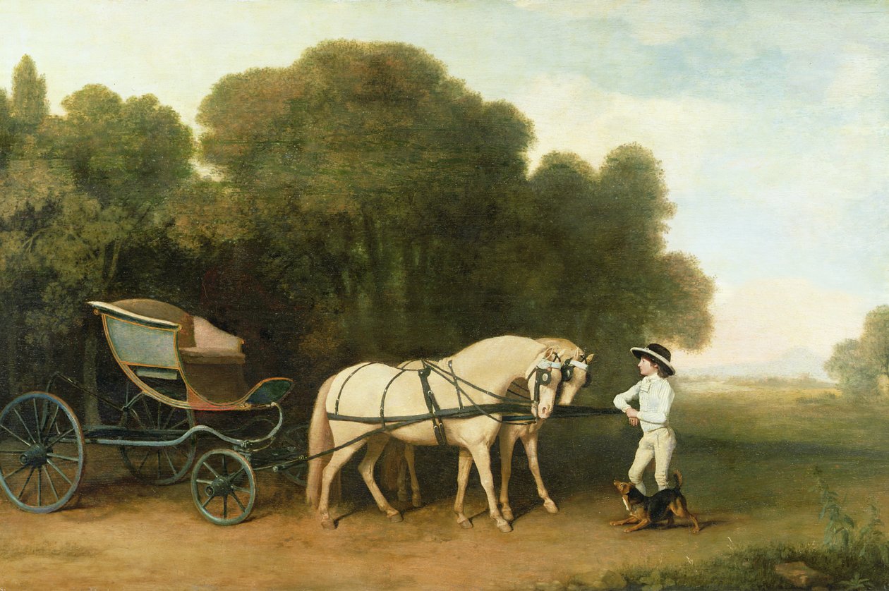 一辆带有一对奶油小马的辉腾在一个稳定的小伙子，1780-5 作者 乔治·斯塔布斯