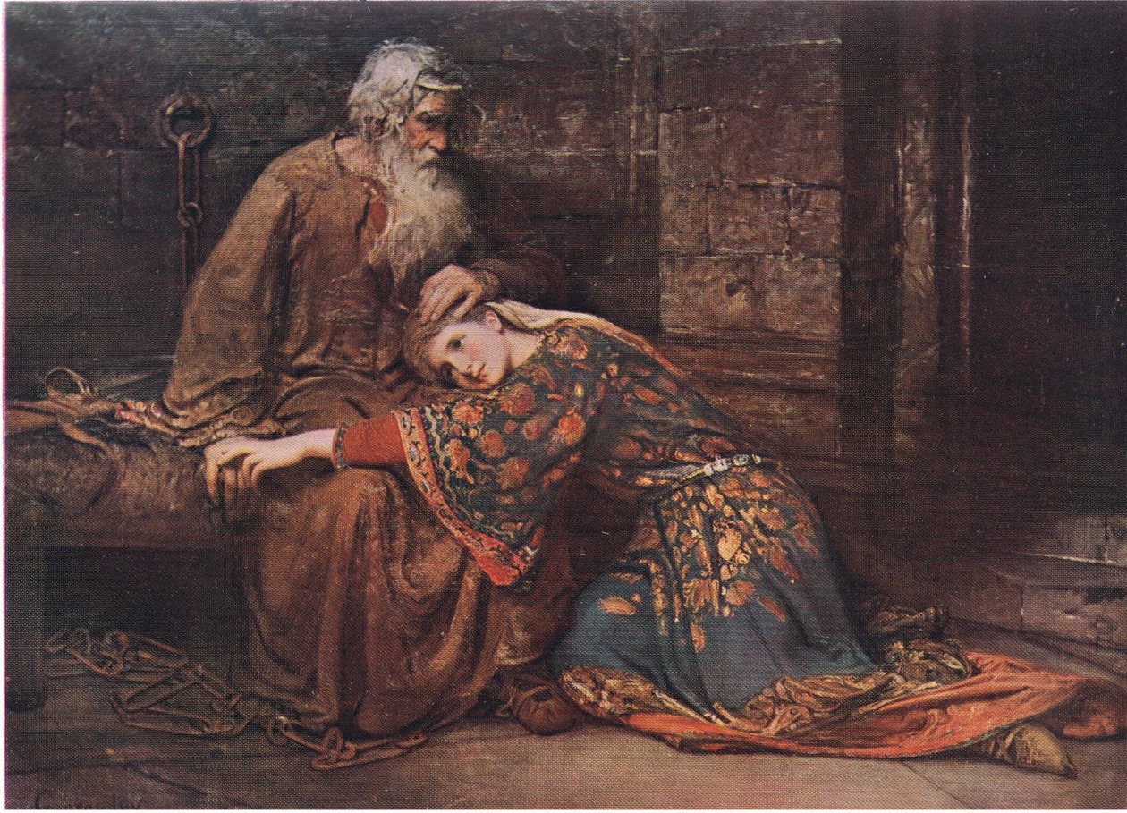 Cordelia安慰李尔王在监狱里（李尔王）我们两个人将像笼子里的鸟一样唱歌，来自威廉莎士比亚全集的酒吧。来自J Coker＆Co Ltd 作者 乔治·威廉·乔伊