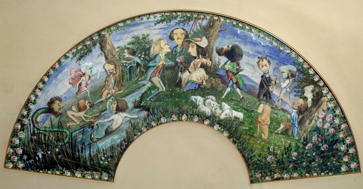 Fan of caricatures painted in gouache by George Sand (Aurore Dupin, Baronne Dudevant) (1804-1876) and Auguste Charpentier (1815-1880): the woman of letters George Sand, surrounded by Frederic Chopin, Eugene Delacroix and Franz Liszt. 19th century Paris, mu 作者 乔治·桑德