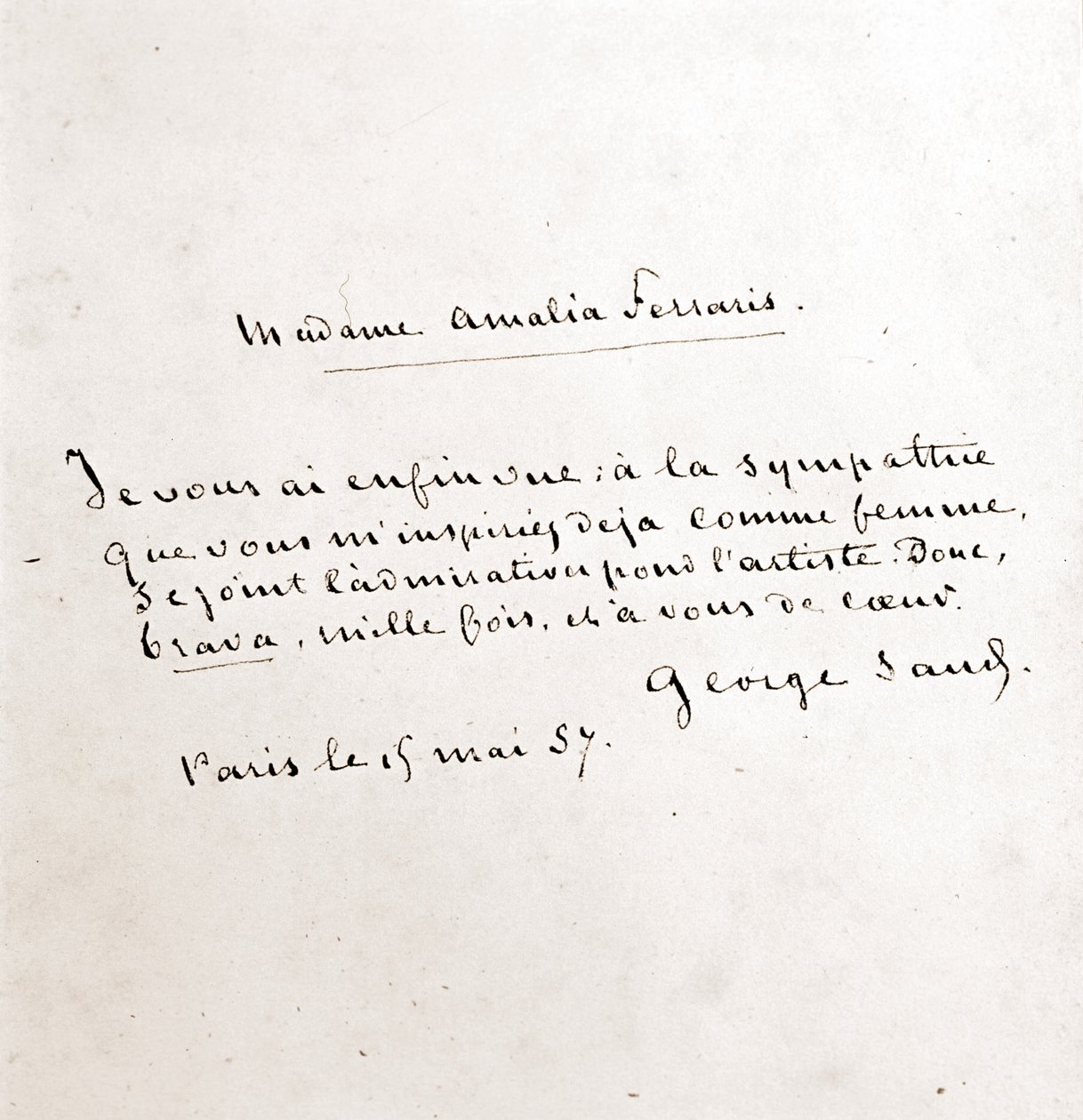 乔治·桑 (Aurore Dupin, Baronne Dudevant)（1804-1876 年）于 3 月 19 日在巴黎写给阿玛莉亚·费拉里斯夫人的信 作者 乔治·桑德