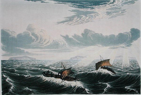 1821年8月23日，独木舟在日出时的大风中划向，出自约翰-富兰克林爵士（1786-1847）的《1819-22年极地海岸之旅记》，由爱德华-芬登（1791-1857）雕刻，1823-28年出版（彩色版画）。 作者 乔治（之后）返回
