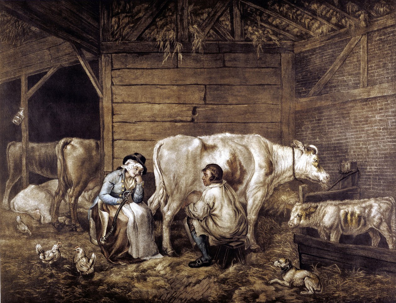 以英国艺术家乔治·莫兰（George Morland，1763-1804 年）命名的牛棚铜版画。 奶牛将牛奶倒入桶中。 挤奶女工拿着提着水桶的轭等待着。 干草阁楼：灯笼：母鸡。 挤奶女工“漂亮”，因为没有被天花标记，因为牛痘具有免疫力。 作者 乔治（后）莫兰德