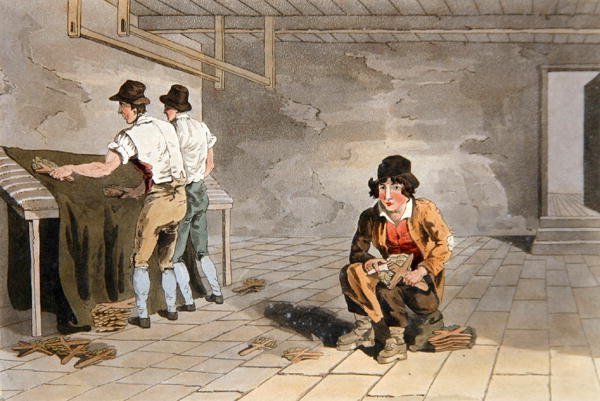 Preemer男孩，出自罗伯特-哈维尔（1769-1832）1814年雕刻的 "约克郡的服装"（彩色平印）。 作者 乔治（后）沃克