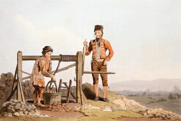 鲁德坑，来自罗伯特-哈维尔（1769-1832）1814年雕刻的 "约克郡的服装"（彩色平印）。 作者 乔治（后）沃克