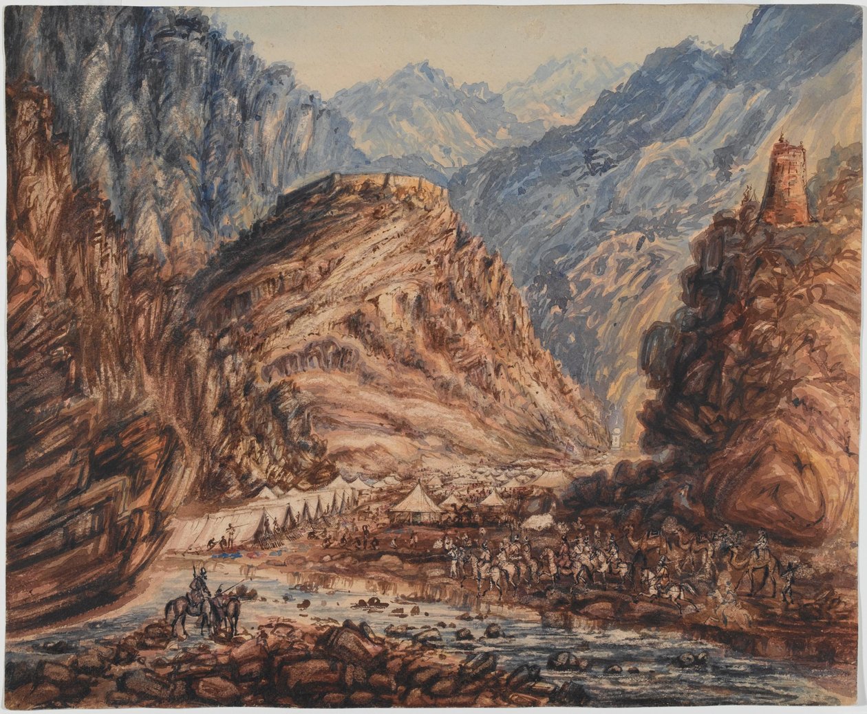 阿里穆吉德堡，开伯尔山口，波洛克少将部队第四旅营地，1842 年 4 月（水彩） 作者 乔治·阿尔弗雷德·克罗利