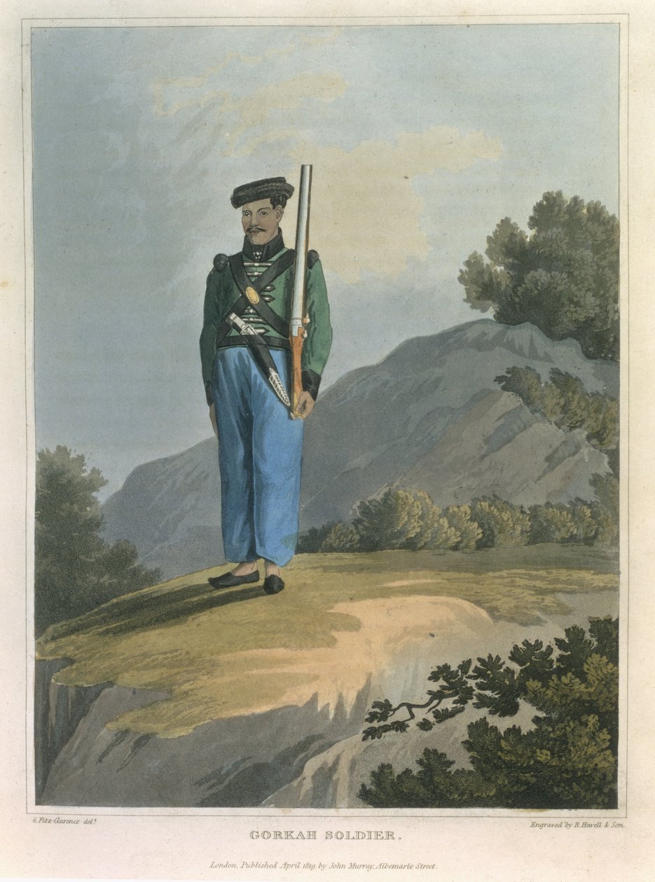 Gorkah Soldier，来自印度和穿越埃及的杂志，由R. Havell和Son，酒吧雕刻。作者：John Murray，1819年 作者 乔治·奥古斯都·菲茨克拉伦斯