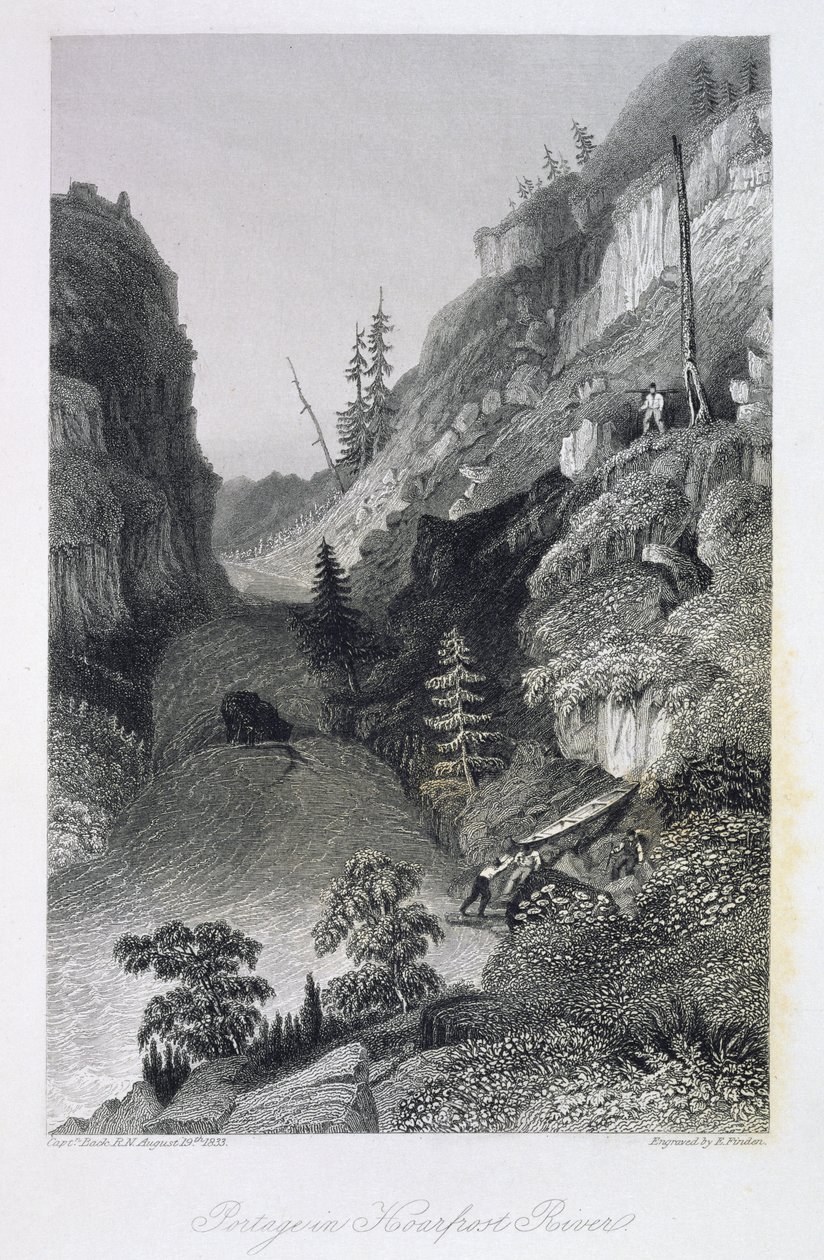 1833年8月19日，在1833年至1835年的“北极陆地探险到大鱼河口和沿着北冰洋海岸的叙事”中的“白霜河”中的波蒂奇 作者 乔治·贝克