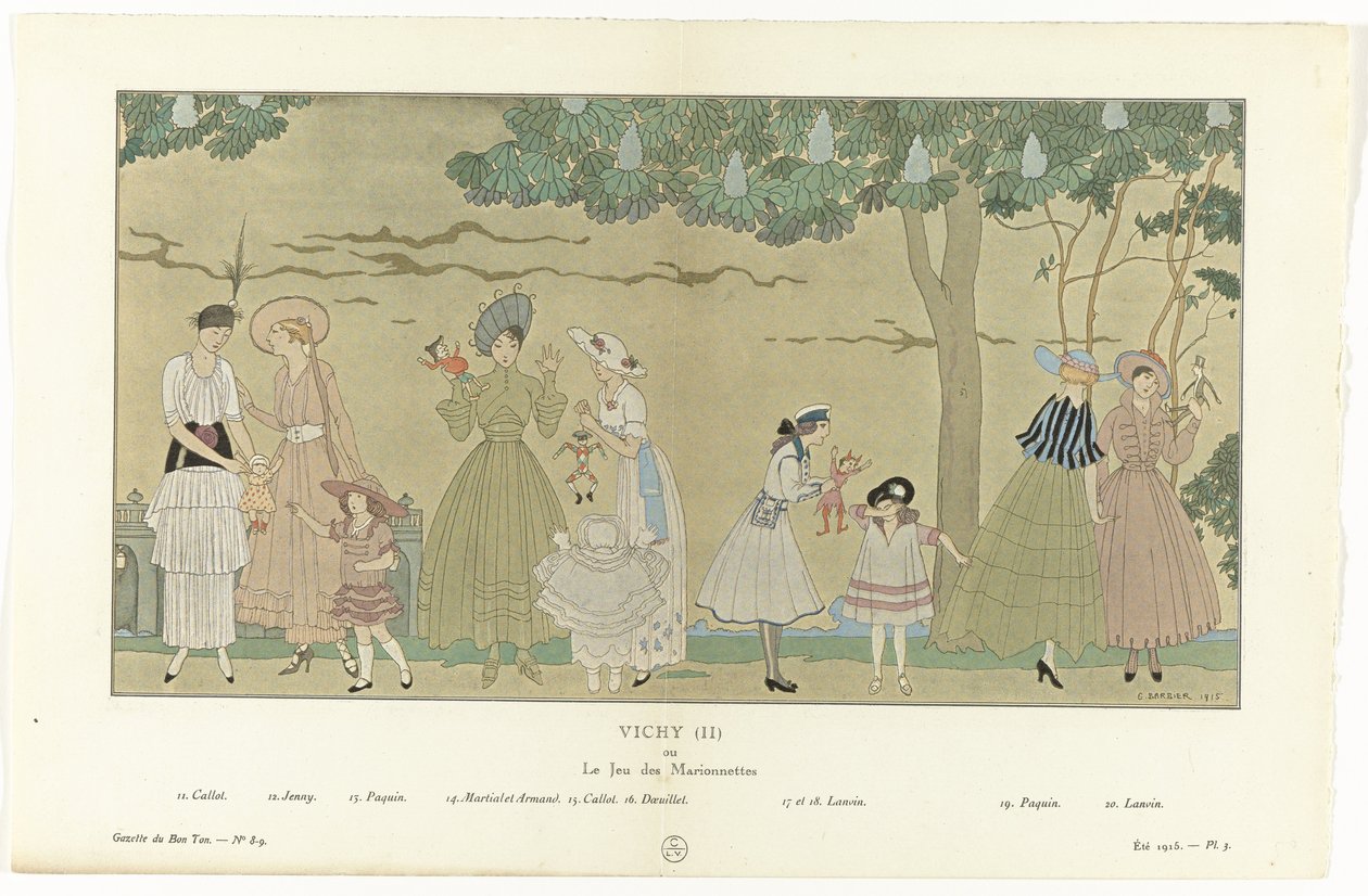 Gazette du Bon Ton，1915 年夏 - 第 8-9 期， Pl. 3: Vichy (II) / or / Le Jeu des Marionnettes（标题在实物上） 作者 乔治·理发师