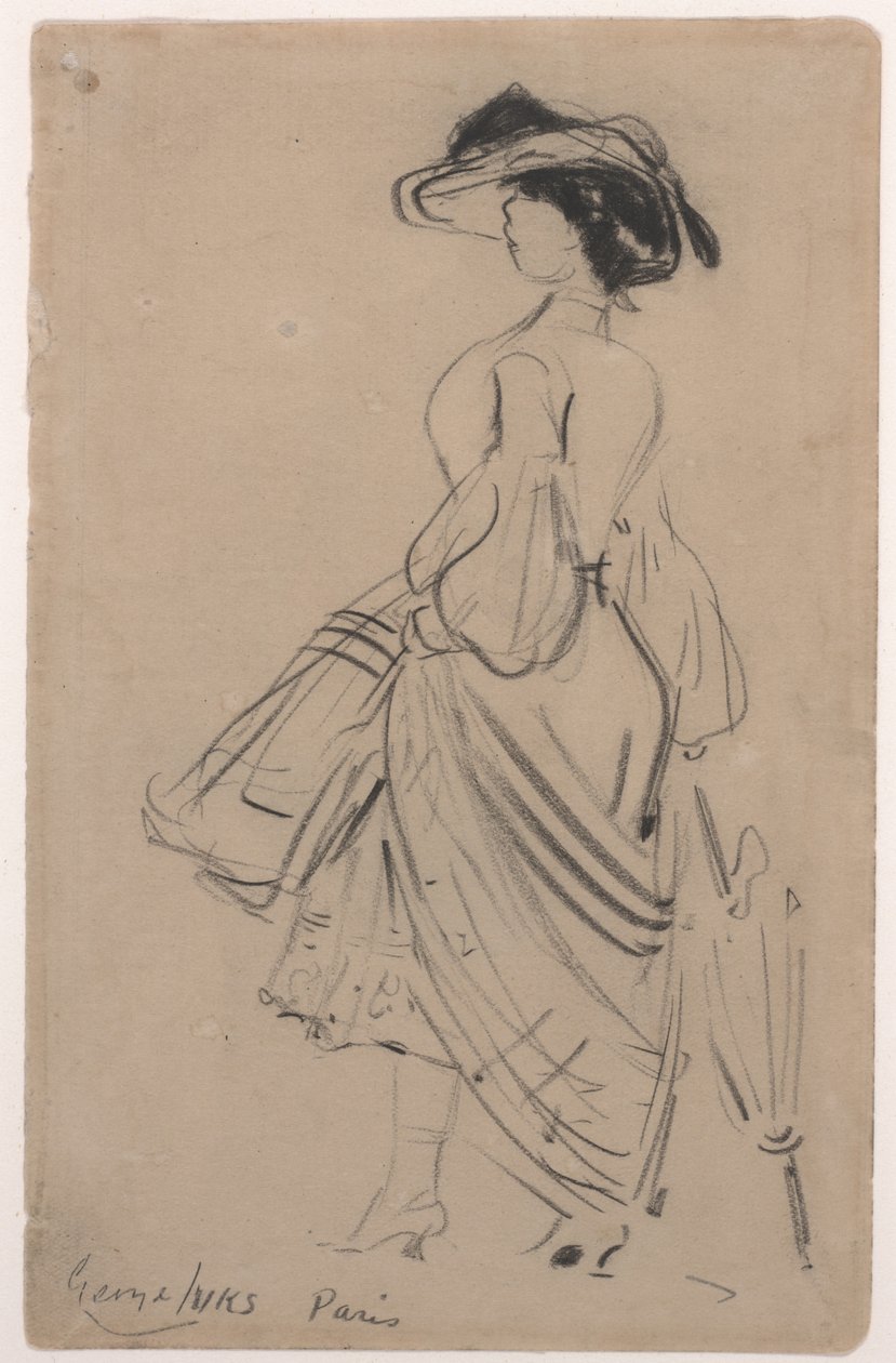 Lady of Fashion (charcoal on paper)   1415897   zh       chinese Successfully Translated  Original: ""Sur le chemin du travail"" Une femme partant travailler (The Way to Work) Peinture de Fyodor Buchholz (1857-1942) Oil on canvas 1926 Dim 71x34 cm Private  作者 乔治·本杰明·卢克斯
