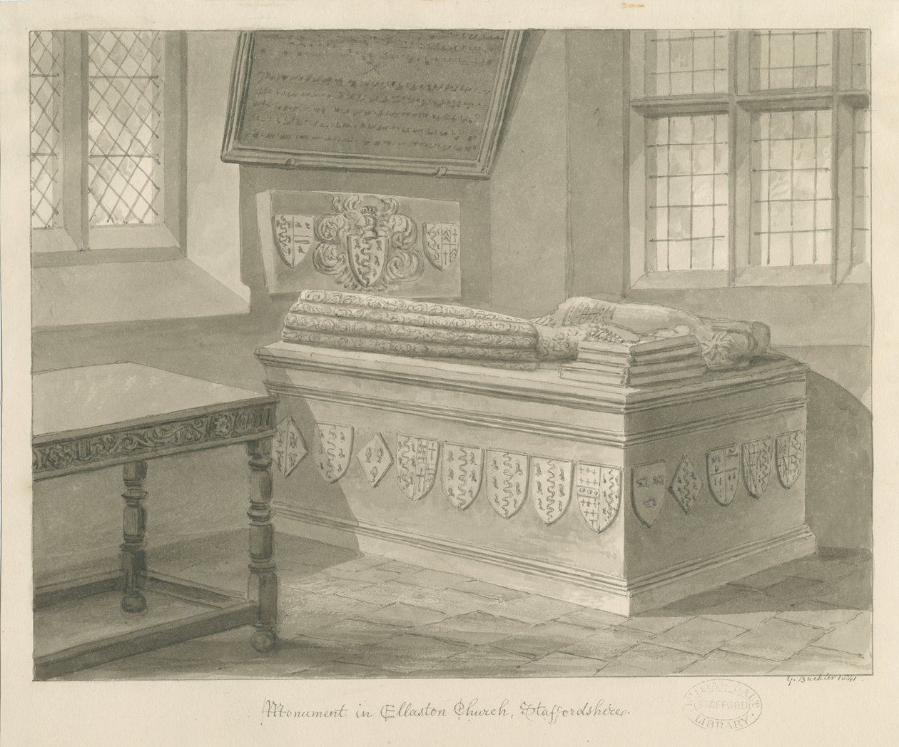 埃拉斯通教堂-约翰·弗利特伍德爵士纪念碑：棕褐色绘画，1841年 作者 乔治·巴克勒