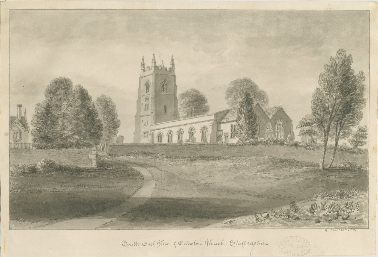 埃拉斯通教堂（Ellastone Church）：棕褐色绘图，1841年 作者 乔治·巴克勒