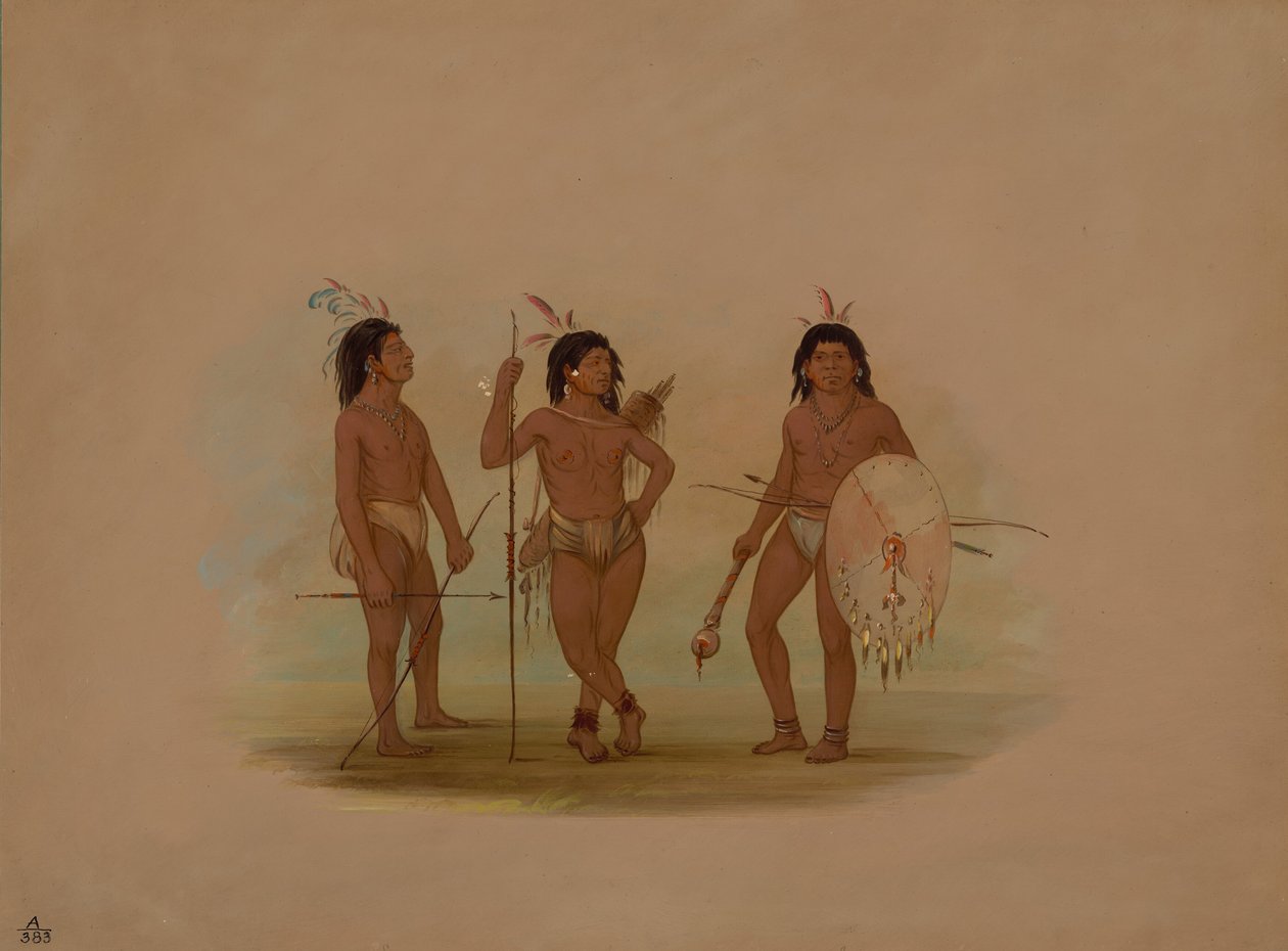 一个Puelchee酋长和两个年轻的战士，1854-1869。 作者 乔治·卡特琳