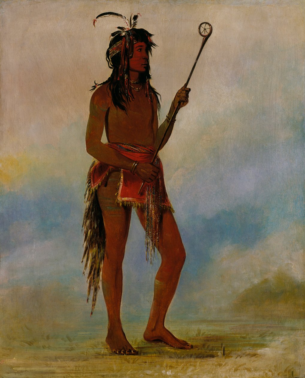 Ah-nó-je-nahge，站在两边的人，一个杰出的球手，1835年。 作者 乔治·卡特琳