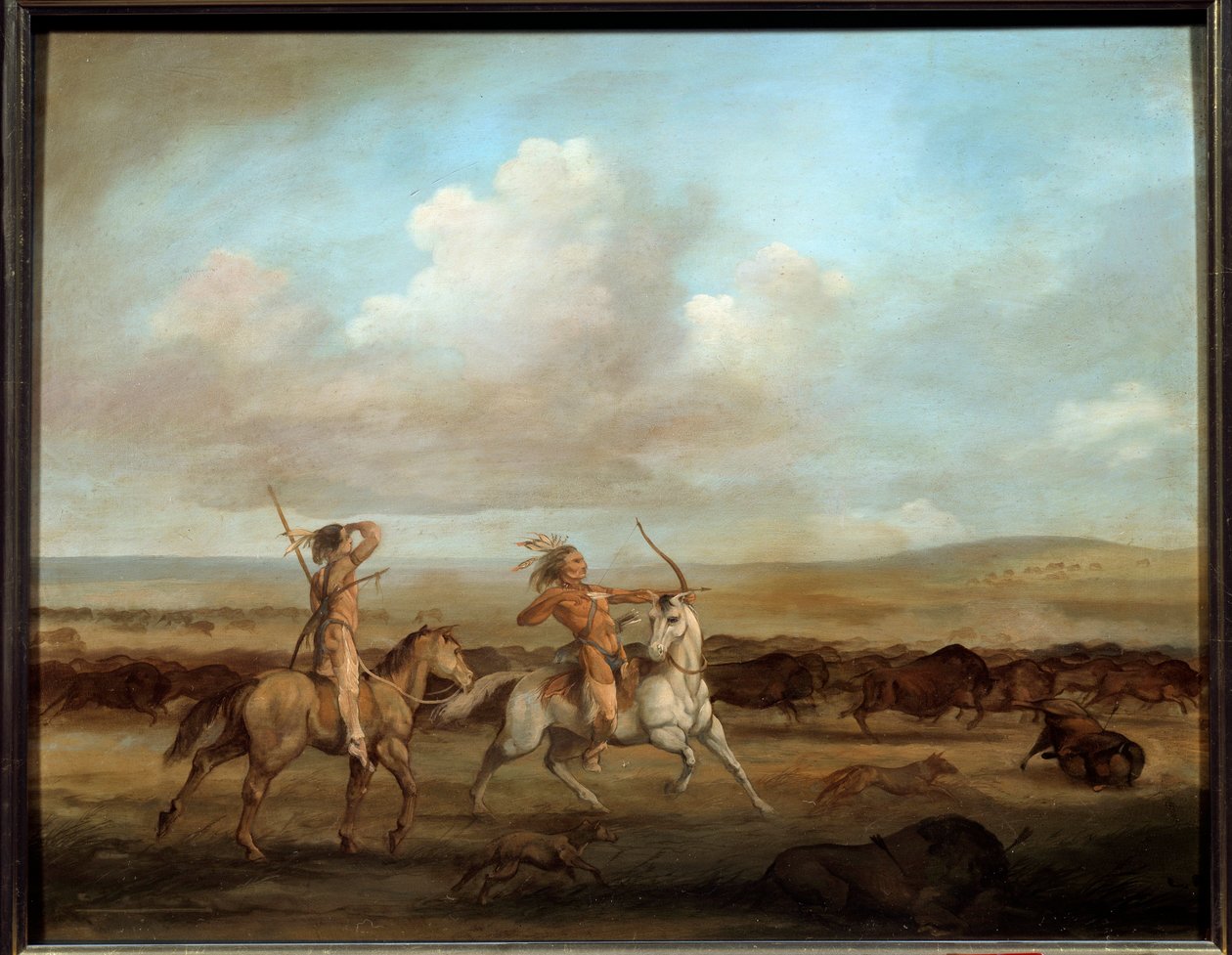 美国印第安人骑马狩猎野牛 乔治·卡特林 (George Catlin) 的画作 (1794-1872) 作者 乔治·卡特琳