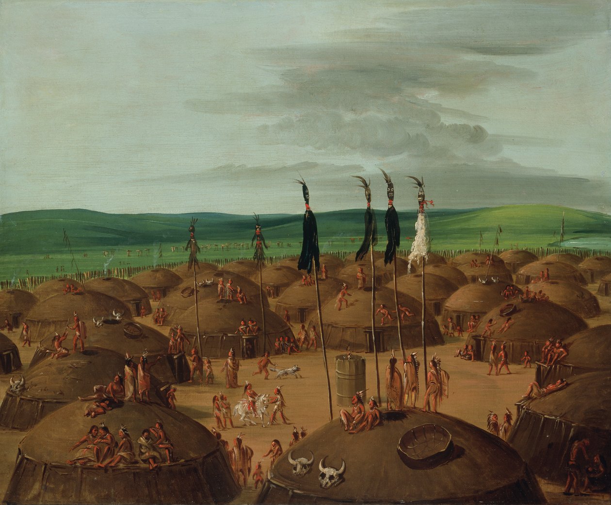 曼丹村的鸟瞰图，在圣路易斯上空1800英里处，1837-1839。 作者 乔治·卡特琳