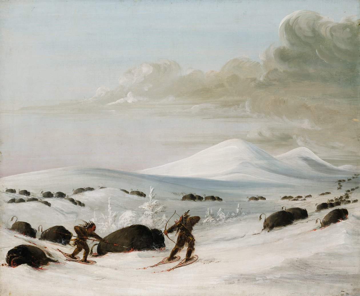 在雪地上追赶水牛，印第安人踩着雪鞋追赶，1832-1833。 作者 乔治·卡特琳
