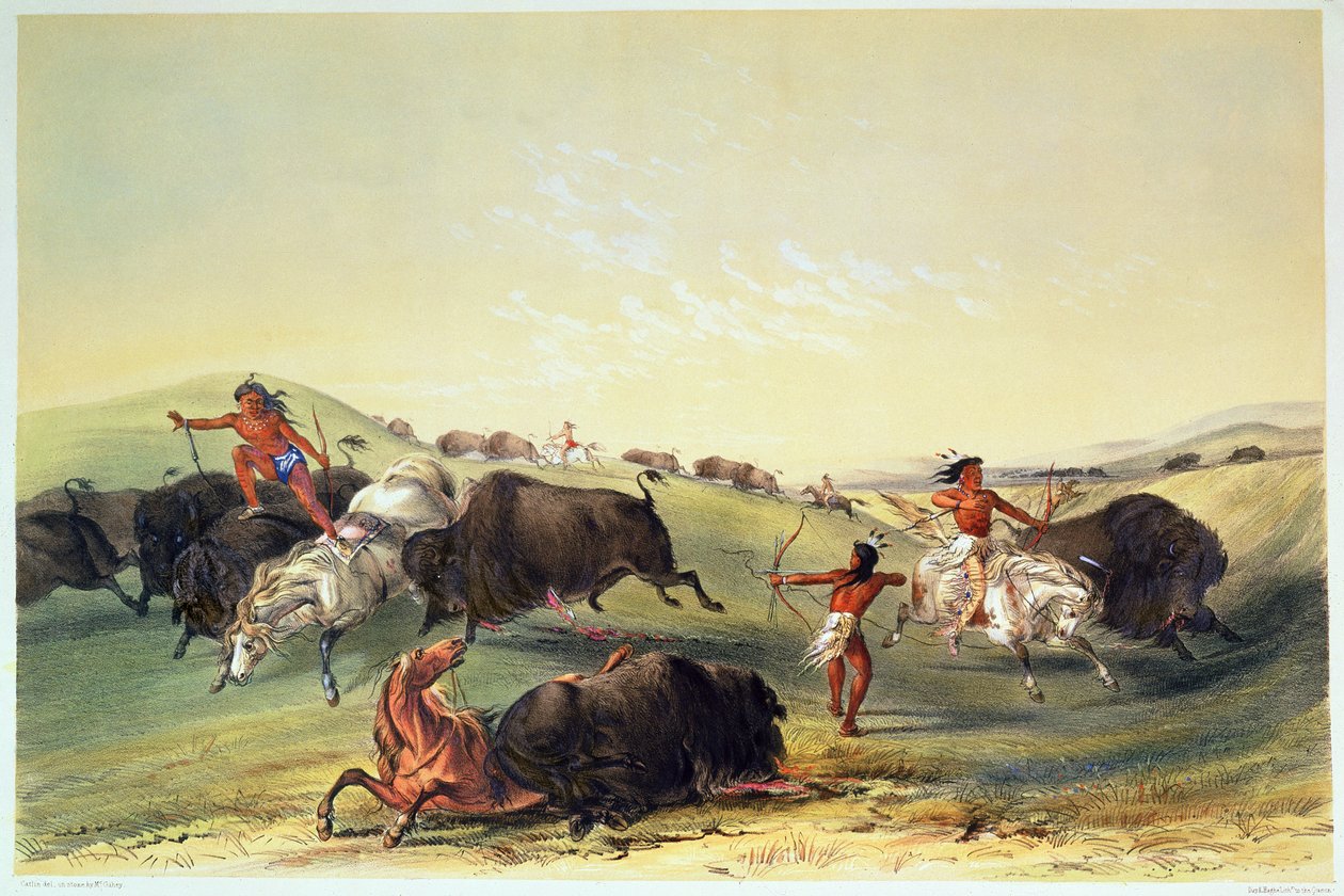 Buffalo Hunt，来自Catlin的北美印第安收藏品的7号板，由McGahey，Day和Haghe雕刻而成 作者 乔治·卡特琳