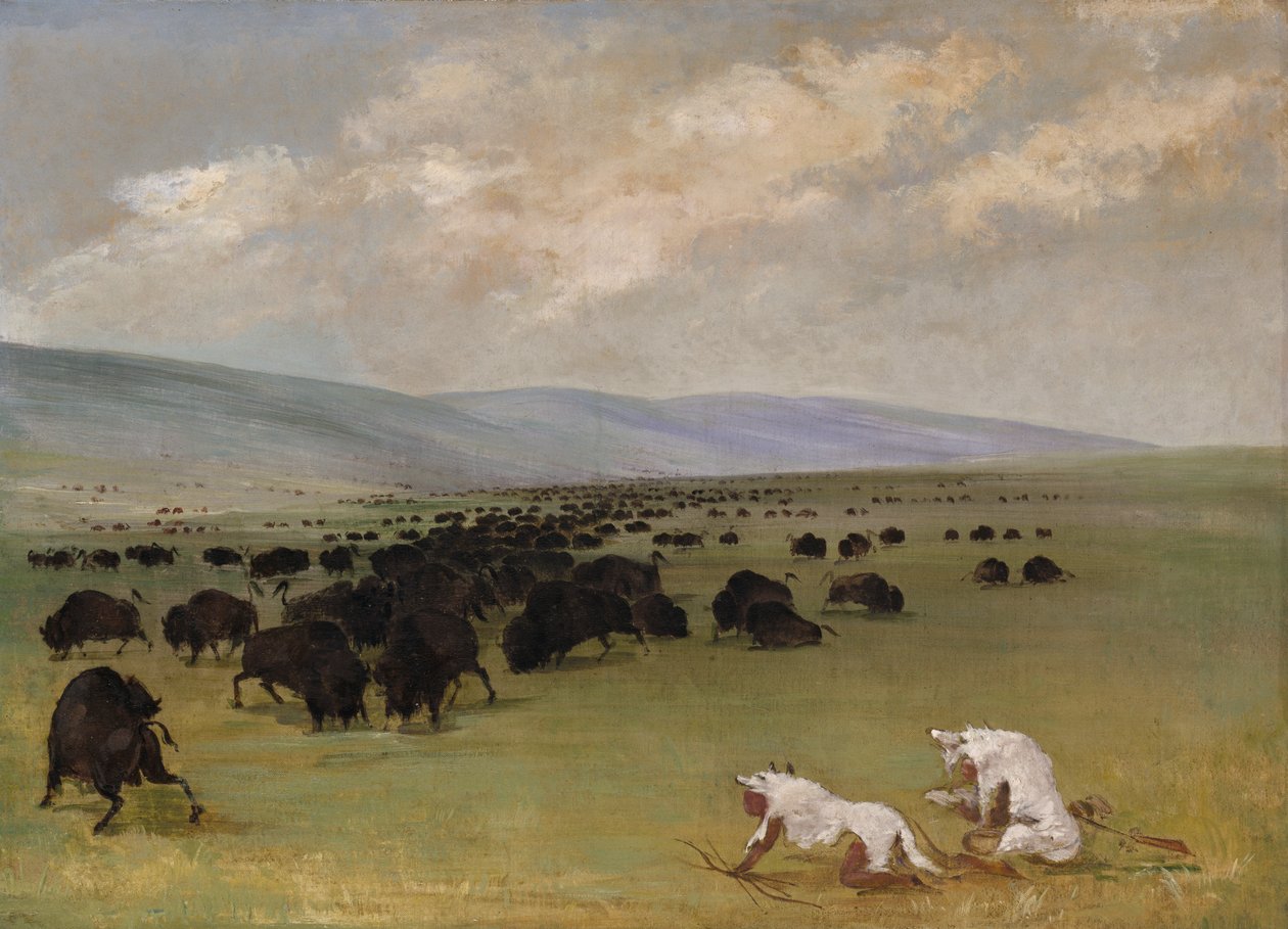 卡特林和他的印第安向导在白狼皮下接近水牛，1846-1848。 作者 乔治·卡特琳