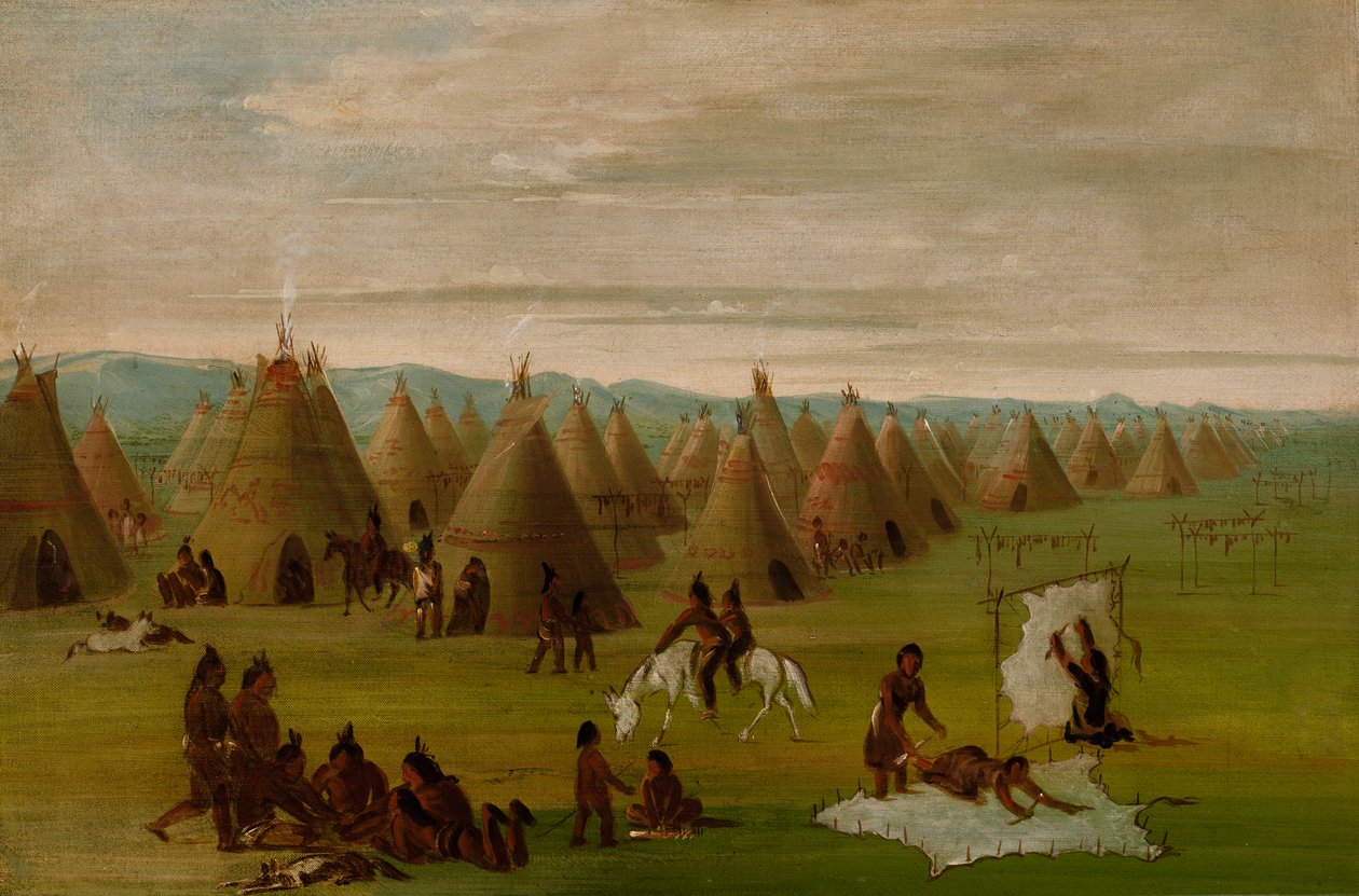 科曼奇村，妇女在穿长袍和晒肉，1834-1835。 作者 乔治·卡特琳