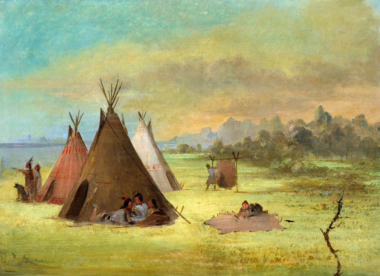 印第安人营地，科曼奇人或基奥瓦人在穿皮，红河，1846-1848。 作者 乔治·卡特琳