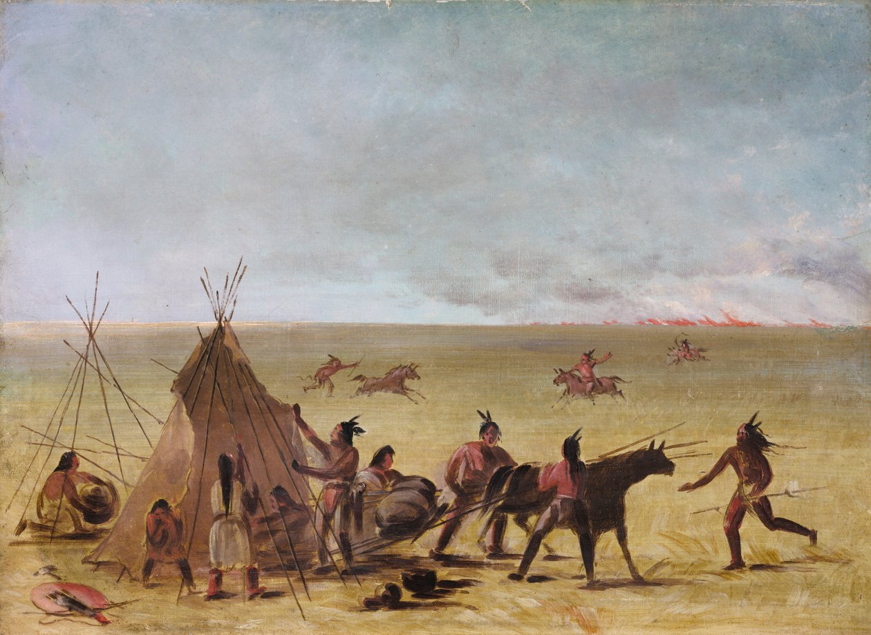 印第安人家庭因草原火灾的来临而感到震惊，1846-1848年。 作者 乔治·卡特琳